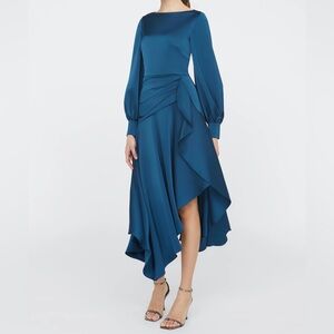 $495 NWOT Theia “Florence” Asymmetrical Handkerchief Hem Dress in Poseidon Sz 4